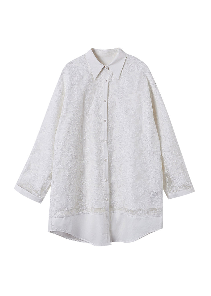 Stylish White Peter Pan Collar Embroidered Cotton Shirts Coat Spring