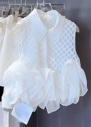 Stylish White Peter Pan Collar Plaid Shirts And Shorts Cotton Two Piece Set Sleeveless