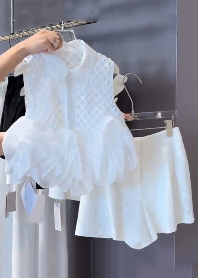 Stylish White Peter Pan Collar Plaid Shirts And Shorts Cotton Two Piece Set Sleeveless