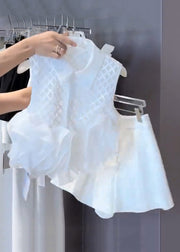 Stylish White Peter Pan Collar Plaid Shirts And Shorts Cotton Two Piece Set Sleeveless