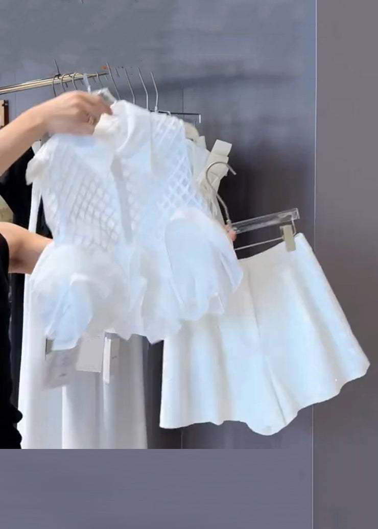 Stylish White Peter Pan Collar Plaid Shirts And Shorts Cotton Two Piece Set Sleeveless
