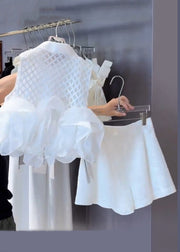 Stylish White Peter Pan Collar Plaid Shirts And Shorts Cotton Two Piece Set Sleeveless