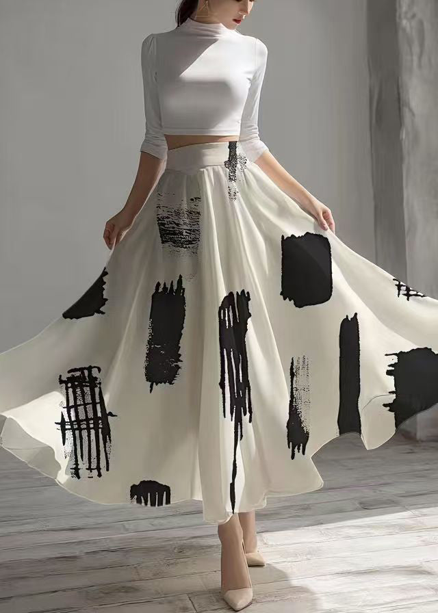 Stylish White Print Chiffon Skirts Exra Large Hem Summer