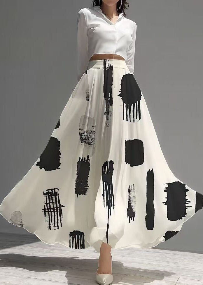 Stylish White Print Chiffon Skirts Exra Large Hem Summer