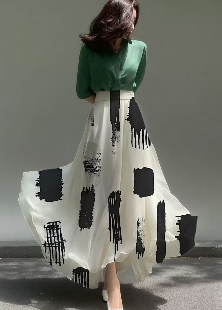 Stylish White Print Chiffon Skirts Exra Large Hem Summer