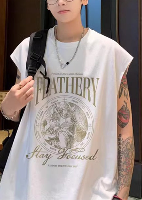 Stylish White Print Cozy Cotton Men Tank Summer
