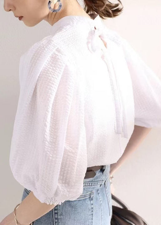 Stylish White Puff Sleeve Jacquard Cotton Blouses