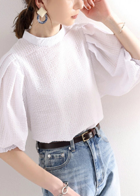 Stylish White Puff Sleeve Jacquard Cotton Blouses