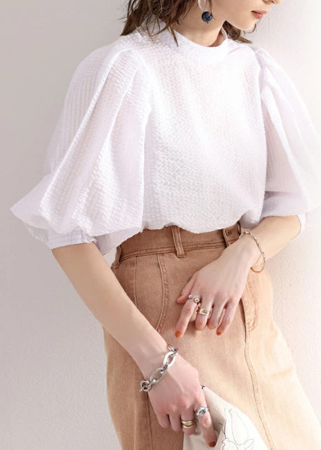 Stylish White Puff Sleeve Jacquard Cotton Blouses