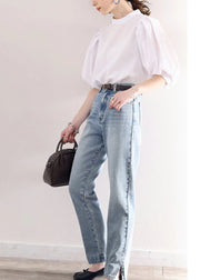 Stylish White Puff Sleeve Jacquard Cotton Blouses