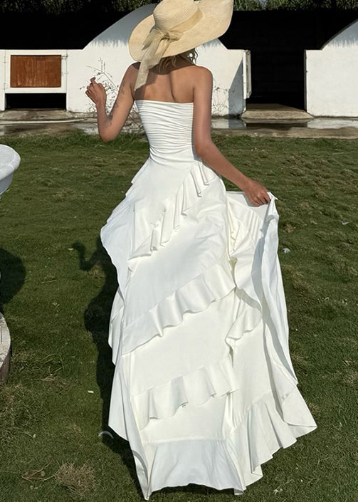 Stylish White Ruffled Asymmetrical Design Cotton Dress Sleeveless