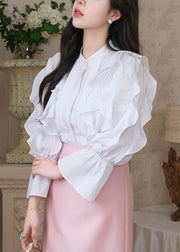 Stylish White Ruffled Button Cotton Blouses Flare Sleeve