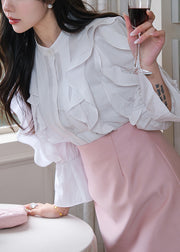 Stylish White Ruffled Button Cotton Blouses Flare Sleeve