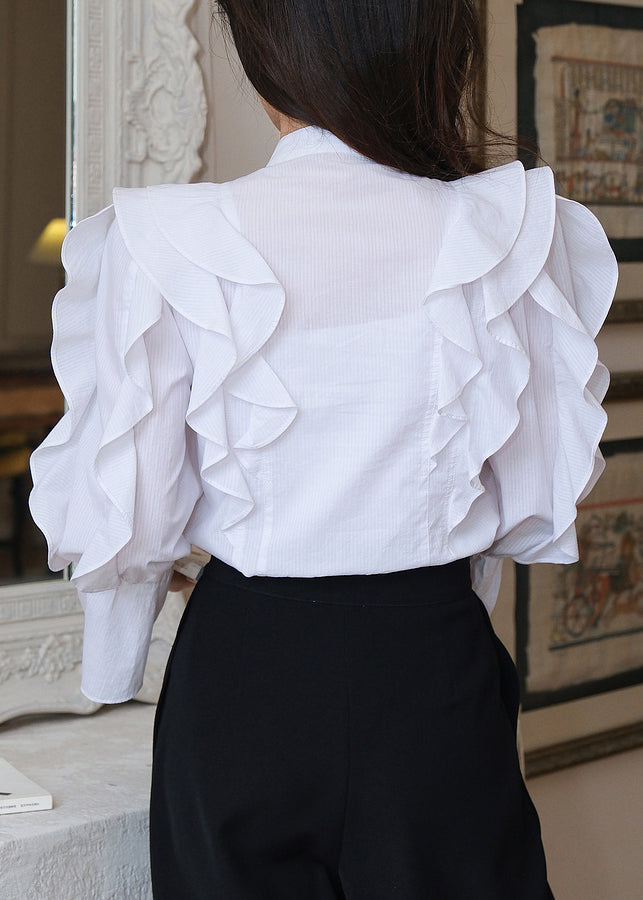 Stylish White Ruffled Button Cotton Blouses Flare Sleeve