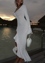 Stylish White Ruffled Patchwork Cotton Long Dress Flare Sleeve