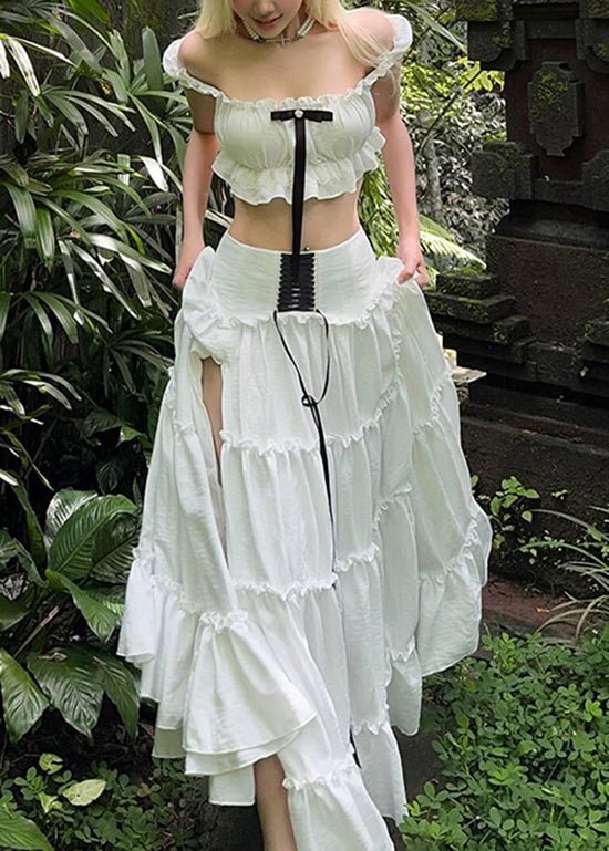 Stylish White Ruffled Patchwork Cotton Two Pieces Set Summer