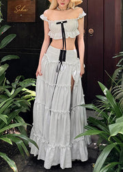 Stylish White Ruffled Patchwork Cotton Two Pieces Set Summer