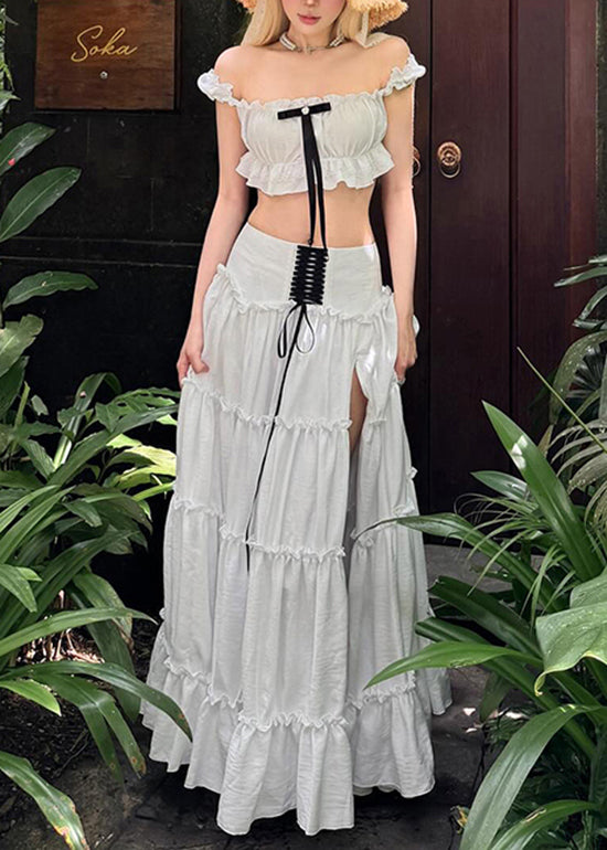Stylish White Ruffled Patchwork Cotton Two Pieces Set Summer