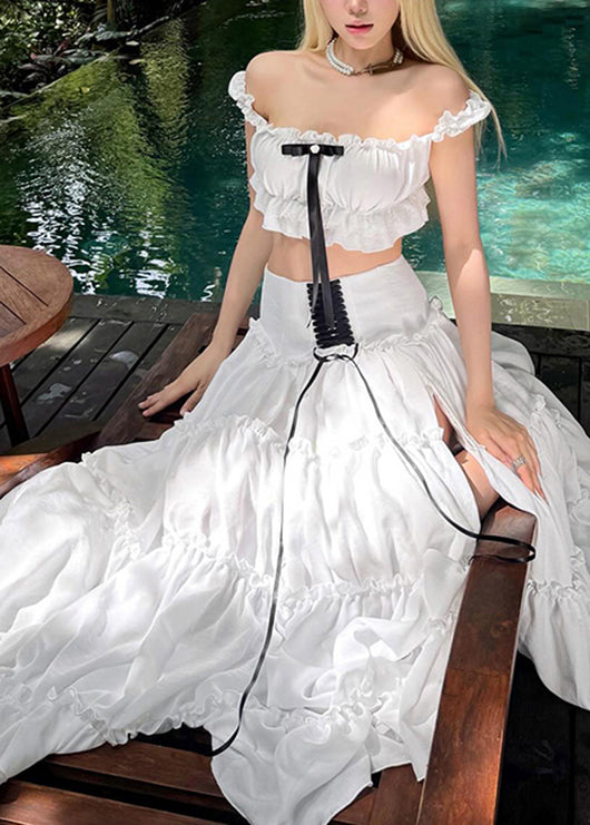 Stylish White Ruffled Patchwork Cotton Two Pieces Set Summer