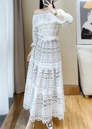 Stylish White Slash Neck Hollow Out Lace Two Pieces Set Butterfly Sleeve