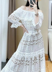 Stylish White Slash Neck Hollow Out Lace Two Pieces Set Butterfly Sleeve
