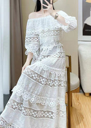 Stylish White Slash Neck Hollow Out Lace Two Pieces Set Butterfly Sleeve