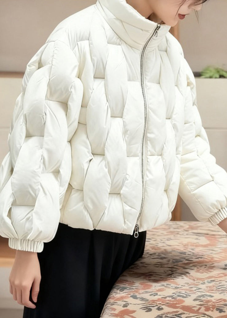 Stylish White Stand Collar Zip Up Fine Cotton Filled Parkas Winter