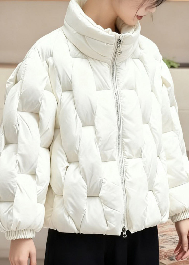 Stylish White Stand Collar Zip Up Fine Cotton Filled Parkas Winter