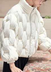Stylish White Stand Collar Zip Up Fine Cotton Filled Parkas Winter