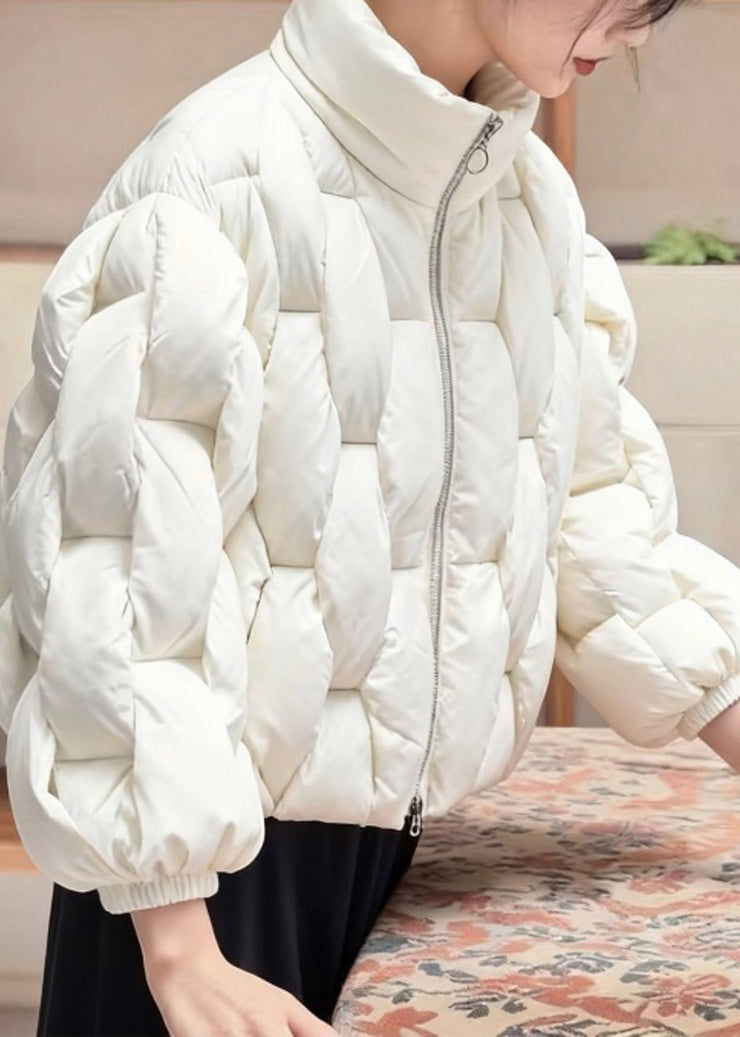 Stylish White Stand Collar Zip Up Fine Cotton Filled Parkas Winter