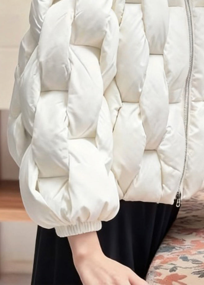 Stylish White Stand Collar Zip Up Fine Cotton Filled Parkas Winter