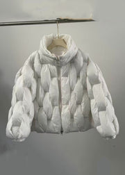 Stylish White Stand Collar Zip Up Fine Cotton Filled Parkas Winter