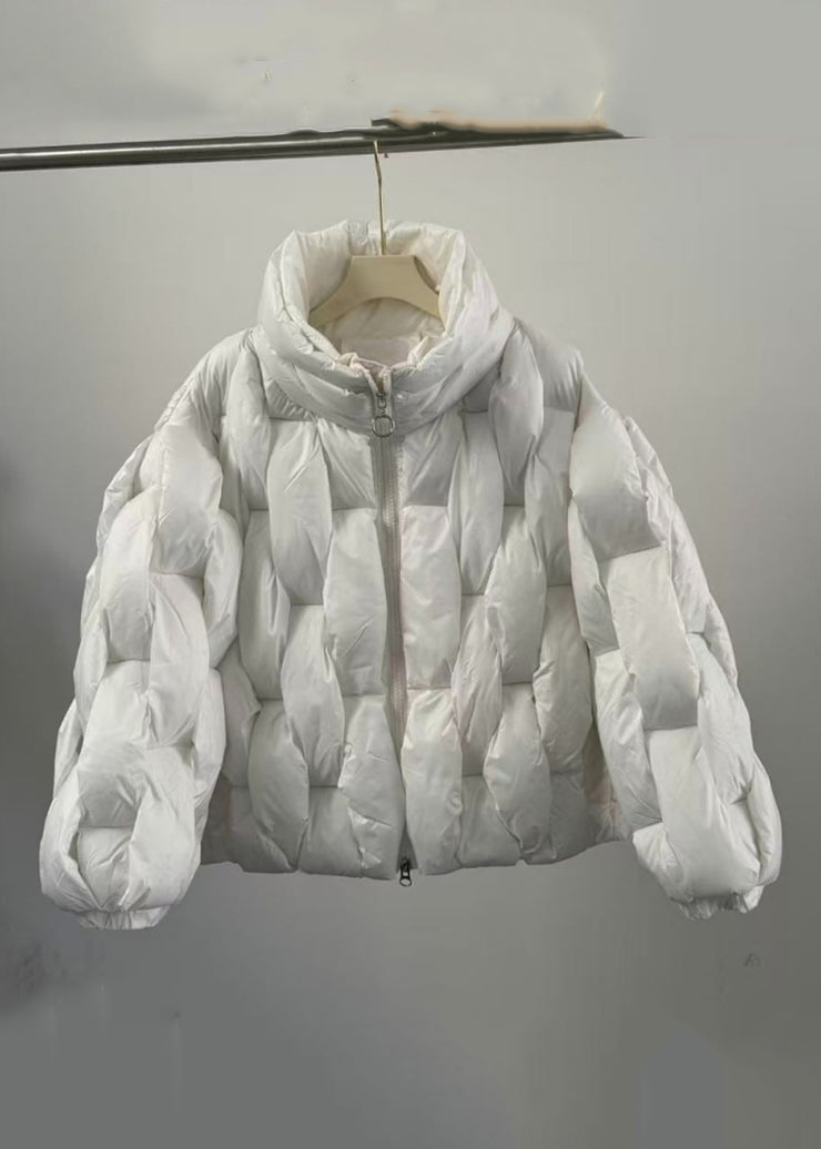 Stylish White Stand Collar Zip Up Fine Cotton Filled Parkas Winter