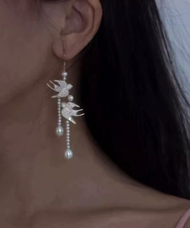 Stylish White Sterling Silver Pearl Little Swallow Tassel Drop Earrings