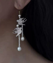 Stylish White Sterling Silver Pearl Little Swallow Tassel Drop Earrings