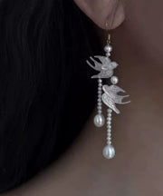 Stylish White Sterling Silver Pearl Little Swallow Tassel Drop Earrings