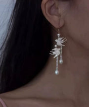 Stylish White Sterling Silver Pearl Little Swallow Tassel Drop Earrings
