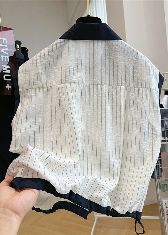 Stylish White Striped Patchwork Cotton Beach Vest Sleeveless