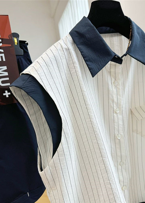 Stylish White Striped Patchwork Cotton Beach Vest Sleeveless