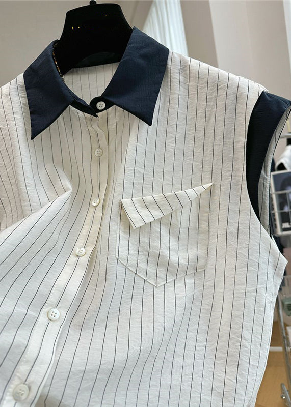 Stylish White Striped Patchwork Cotton Beach Vest Sleeveless