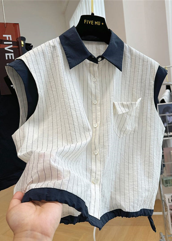Stylish White Striped Patchwork Cotton Beach Vest Sleeveless