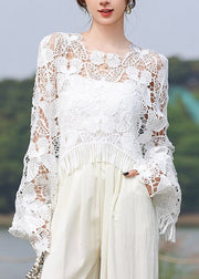 Stylish White Tasseled Hollow Out Butterfly Knit Tops Summer