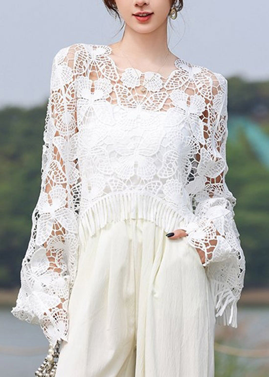 Stylish White Tasseled Hollow Out Butterfly Knit Tops Summer
