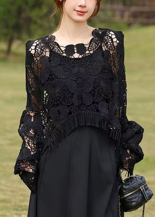Stylish White Tasseled Hollow Out Butterfly Knit Tops Summer