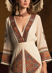 Stylish White Tasseled Print Chiffon Long Dress Fall