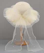 Stylish White Tulle Bow Straw Woven Floppy Sun Hat