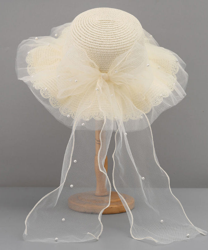 Stylish White Tulle Bow Straw Woven Floppy Sun Hat