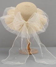 Stylish White Tulle Bow Straw Woven Floppy Sun Hat
