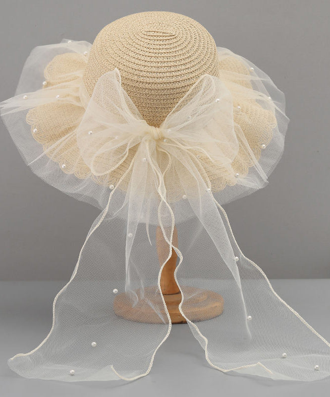 Stylish White Tulle Bow Straw Woven Floppy Sun Hat