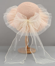 Stylish White Tulle Bow Straw Woven Floppy Sun Hat